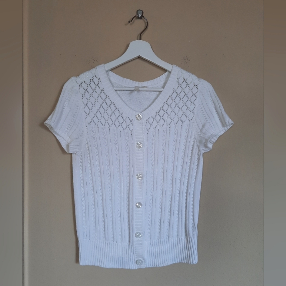 White Cotton Knit Crochet Short Sleeve Knit Cardigan Button Up Sweet Cottage